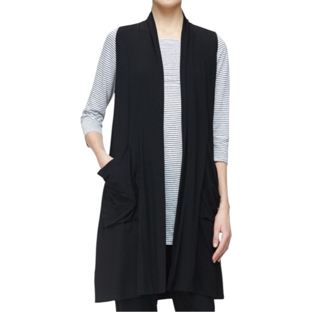 New Eileen Fisher Black Open Sweater Cardigan Sleeveless Size 2P/4P